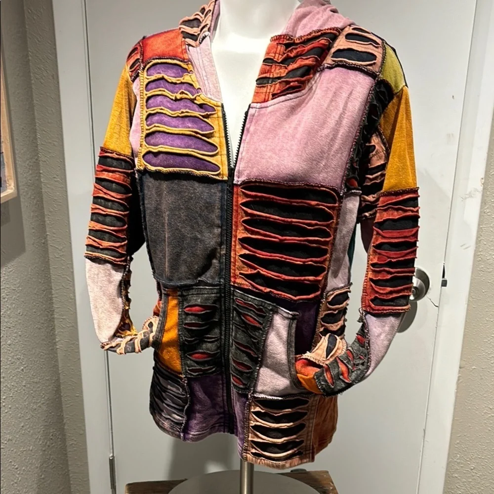 Vibrant Patchwork Hooded Jacket with Purple and Orange Accents - Picture 9 of 9